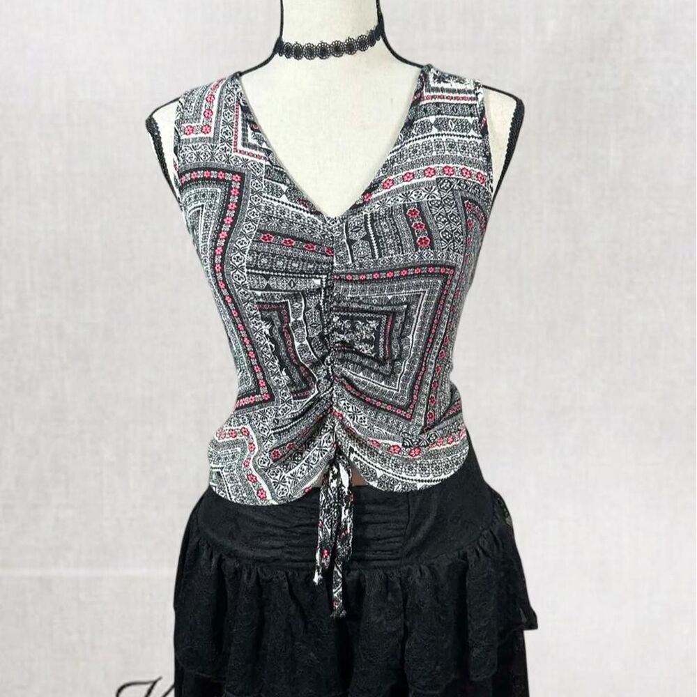 Whimsygoth Boho Patterned Sleeveless Tie Front Top
